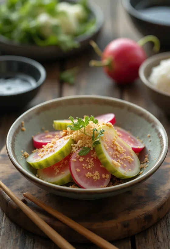 Nukazuke, gefermenteerde groenten in een kom, met verschillende kleurrijke groenten en pasta met rijstazijn