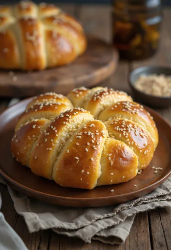 Pogacha met sesamzaad, zachte en verse pogacha, gebakken