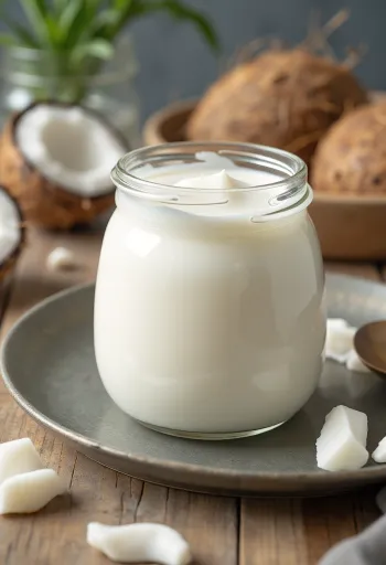 Probiotische kokosyoghurt in een romige witte kom, geserveerd met een zijdezachte textuur