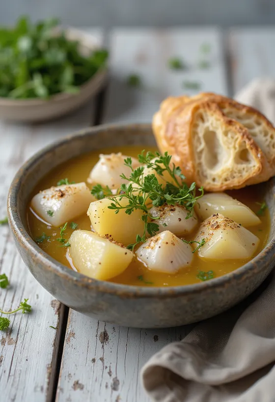 Psarosoupa verrijkt met aardappel, rijke vissoep geserveerd met verse olijfolie en citroensap