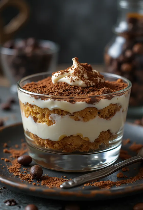 Klassieke tiramisu, met lagen lange vingers en bestrooid met cacaopoeder