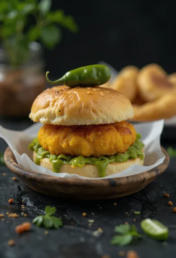 Vada Pav met vleesvulling geserveerd