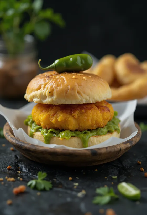 Vada Pav met vleesvulling geserveerd