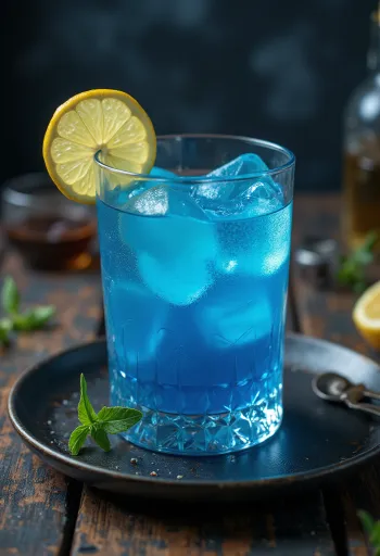 Blue Lagoon cocktail versierd met citroenschijfje en cocktailkers