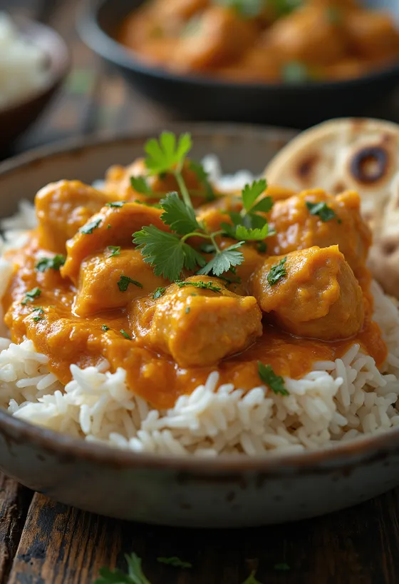 Kip tikka masala geserveerd met basmatirijst