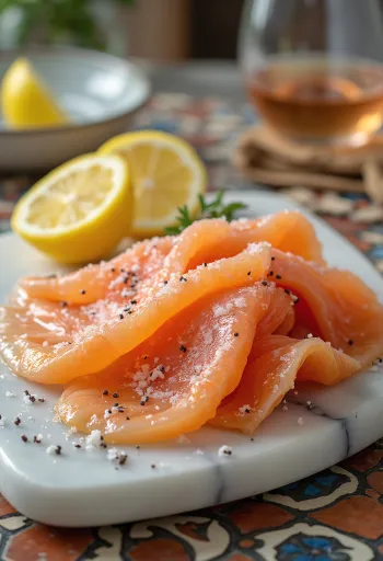 Gravlax met wodka, dun gesneden gemarineerde zalm geserveerd met verse dille en citroen