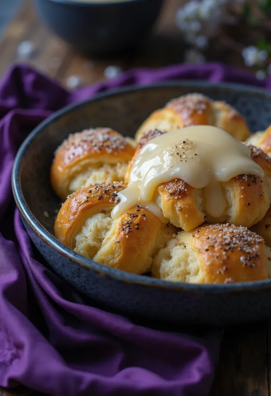 Maanzaadbroodpudding bestrooid met poedersuiker, geserveerd met vanillesaus