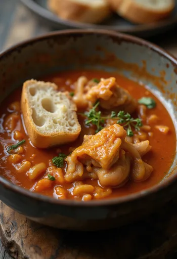Pensstoofpot met sappige, kruidige saus, geserveerd met vers brood