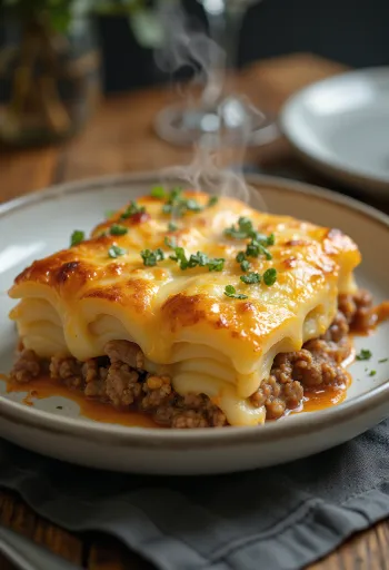 Aardappelovenschotel met gehakt geserveerd