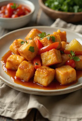 Krokante tofu met zoetzure saus geserveerd