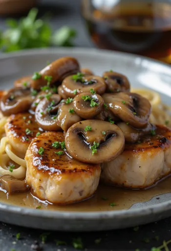 Kalfsscallopini Marsala geserveerd met champignons en verse peterselie