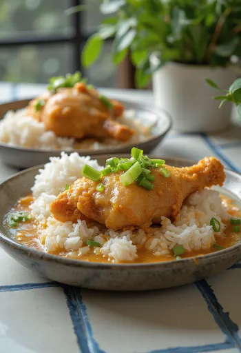 Ayam Penyet met kokosmelksaus, vers geserveerd, met sappige kippenbouten en rijst.