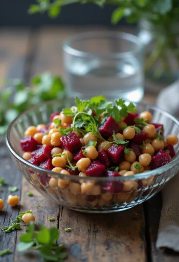 Bietensalade met kikkererwten, geserveerd met verse rucola en geroosterde walnoten.