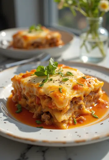 Traditionele Griekse moussaka geserveerd, met lagen aubergine, gehakt en bechamelsaus.