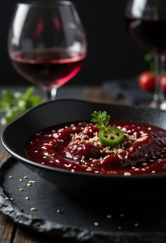 Jalapeño sesam rode wijnsaus geserveerd