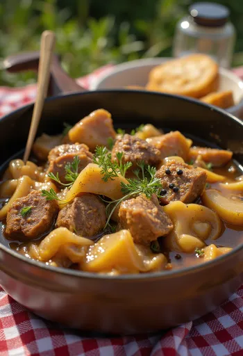 Karjalanpaisti geserveerd met gekookte aardappelen