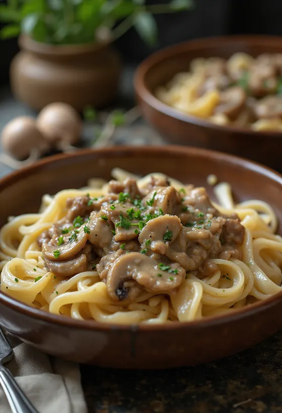 Beef stroganoff geserveerd met rijstnoedels