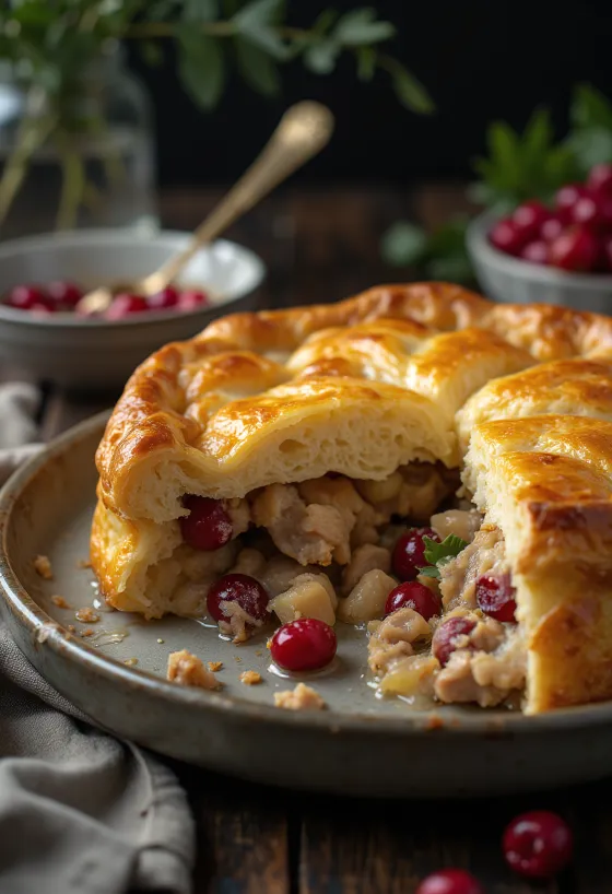 Patrijs en veenbessen pot pie geserveerd in een rustieke schaal met goudbruin bladerdeeg.