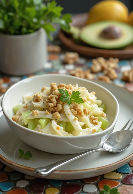 Frisse knolselderijsalade geserveerd