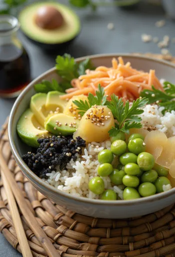 Vegan sushi bowl met groenten en sesamzaad
