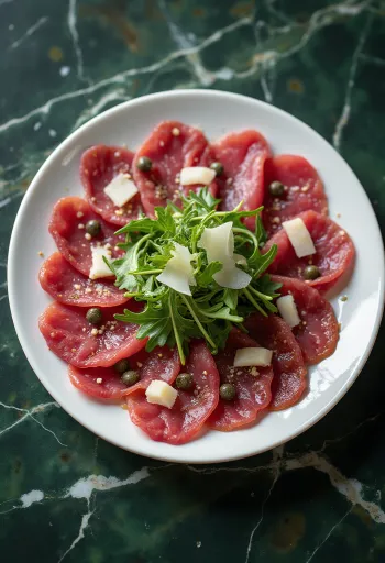 Herten carpaccio gegarneerd met rucola en Parmezaanse kaas