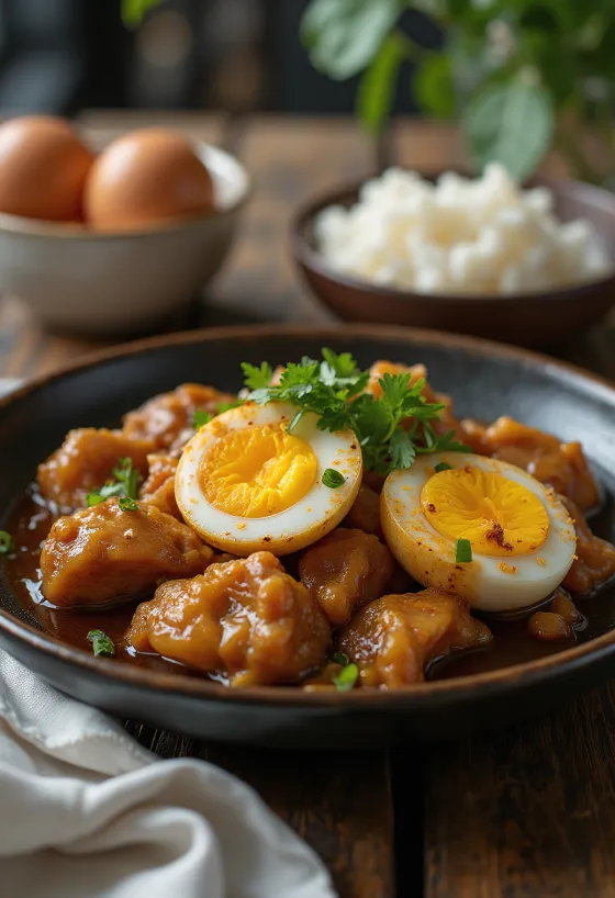 Adobo geserveerd met ei, kip en ei gecombineerd tot een smakelijk gerecht.