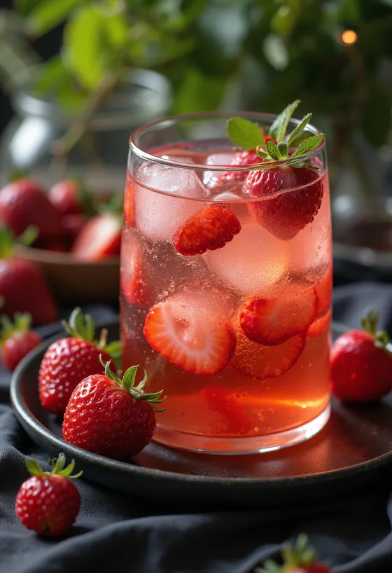 Cider met aardbei en basilicum in glazen