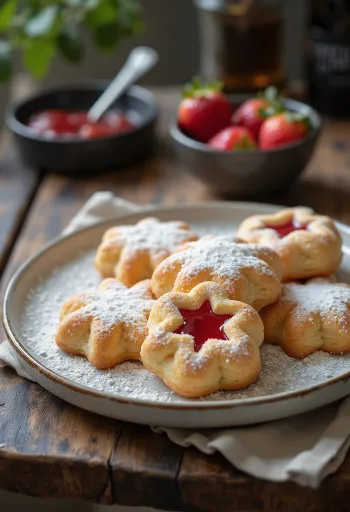 Aardbeienlinzer bestrooid met poedersuiker, gevuld met jam