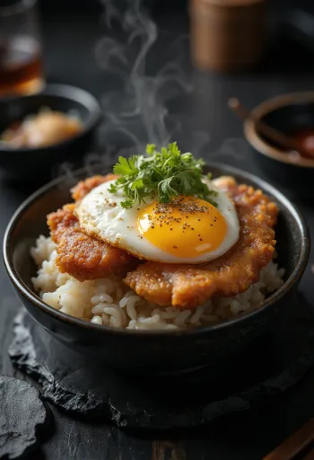 Katsu Don geserveerd met krokant varkensvlees en lente-ui