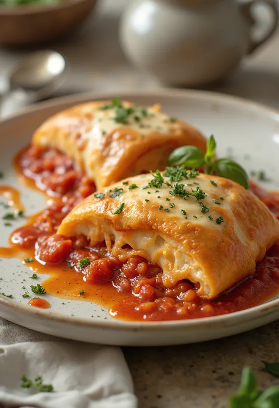 Stromboli met tomatensaus geserveerd, rijkelijk belegd met tomatensaus en gesmolten mozzarella, knapperig van buiten en zacht van binnen.