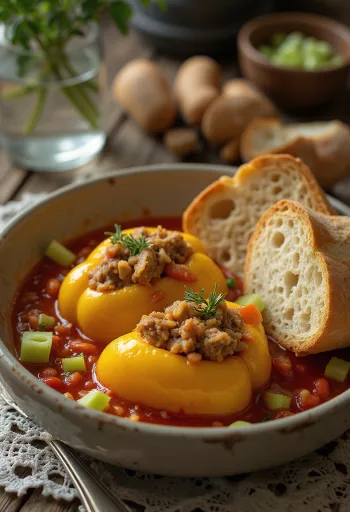 Gevulde paprika in tomatensaus, gevuld met rijst en gehakt