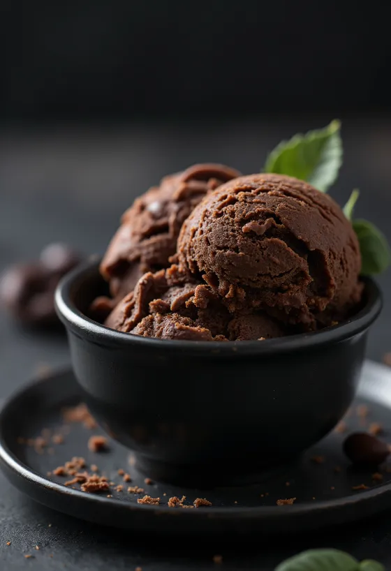 Geserveerd chocolade-tonkaboonijs met chocoladeschaafsel