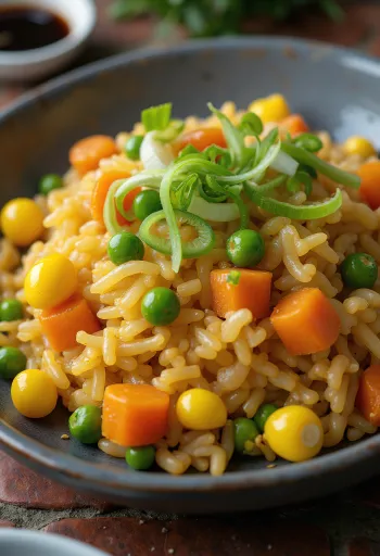 Vegan gebakken rijst met groenten, vers geserveerd in een wok.
