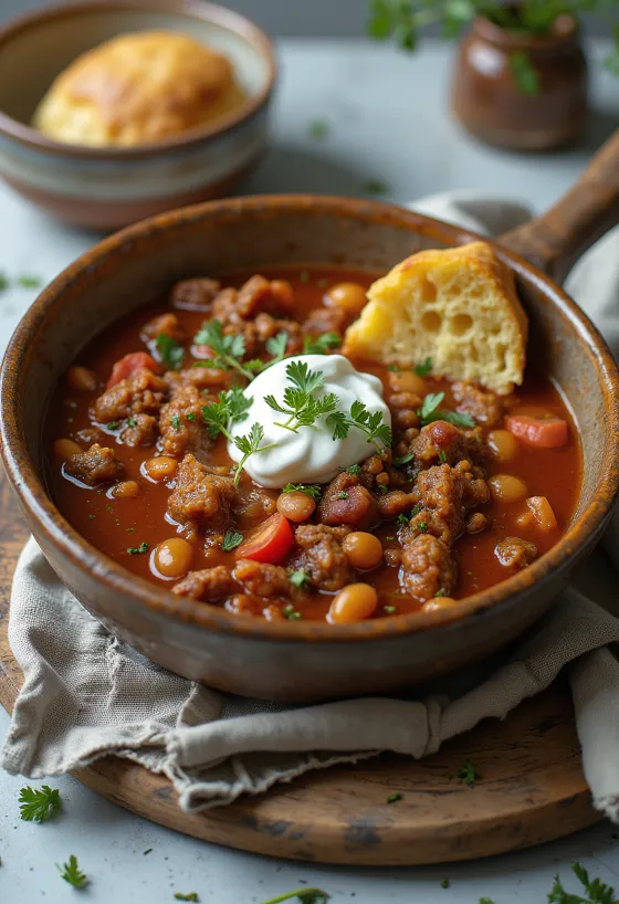 Herten chili geserveerd in een rustieke kom