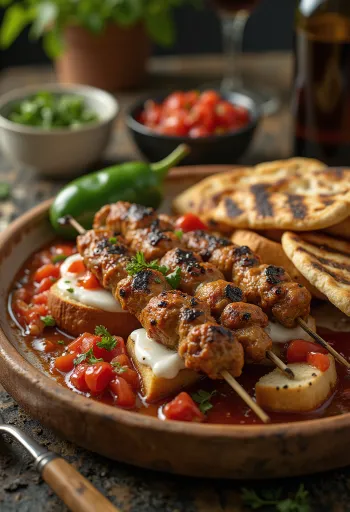 Yoğurtlu Kebab met gegrilde vleesspiezen, tomatensaus en yoghurt