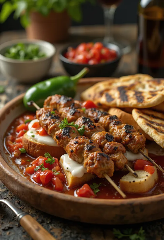 Yoğurtlu Kebab met gegrilde vleesspiezen, tomatensaus en yoghurt