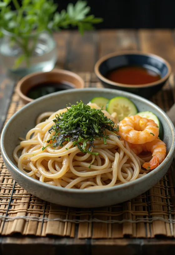 Zaru Soba Tempura, geserveerd met knapperige tempura garnalen, soba noedels en verse nori