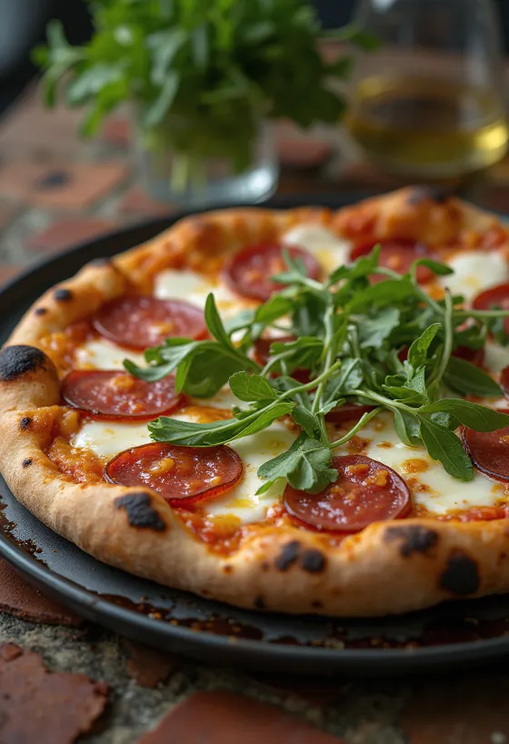 Pizza Diavola met rucola en pikante salami