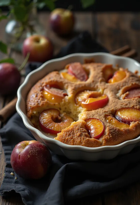 Kaneel-pruimentaart geserveerd met poedersuiker en kaneel