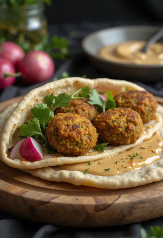 Falafel pita met knapperige kikkererwtenballetjes en tahini