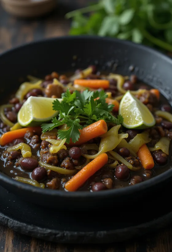 Vegan Feijoada, bonenschotel met groenten, limoen en koriander
