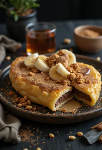 Martabak Manis met gecondenseerde melk, geserveerd met chocolade en banaan