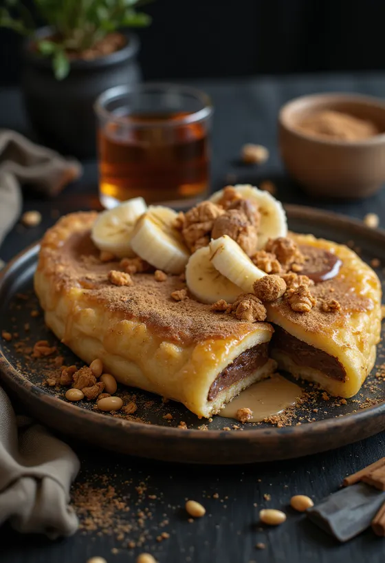 Martabak Manis met gecondenseerde melk, geserveerd met chocolade en banaan
