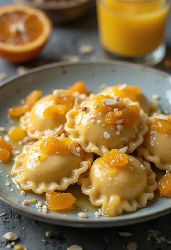 Zoete ravioli met honing en gekonfijte sinaasappel geserveerd