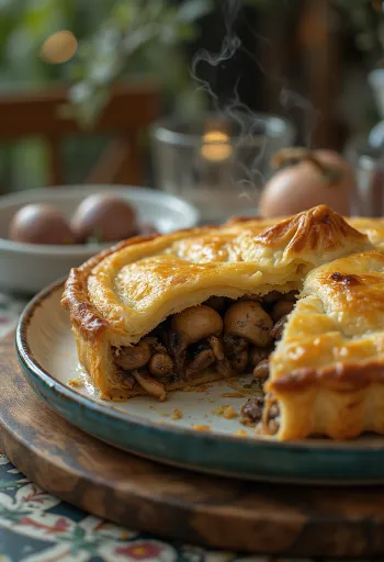 Duivenpastei geserveerd met een goudbruine korst.