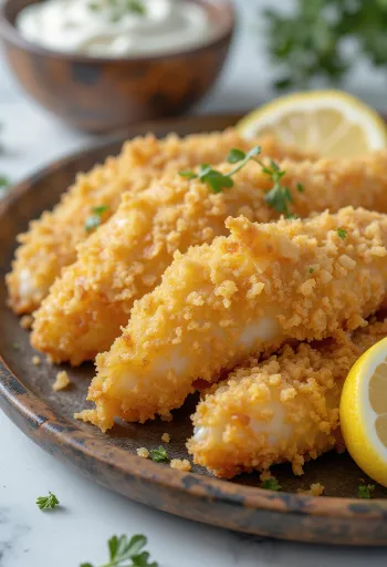 Goudbruin gebakken gepaneerde vis, geserveerd met schijfjes citroen en salade.