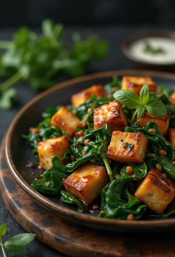 Tofu met spinazie geserveerd