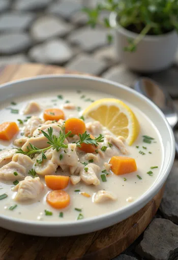 Romige kippencrèmesoep met dragon geserveerd