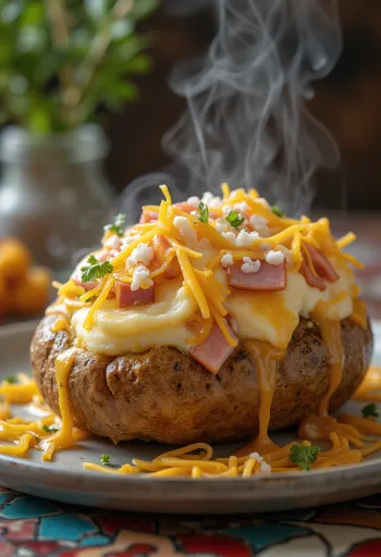 Gevulde aardappel met kaas, ham en groenten gebakken
