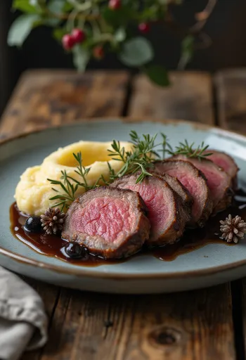 Hertenrug met jeneverbessensaus geserveerd met geroosterde groenten